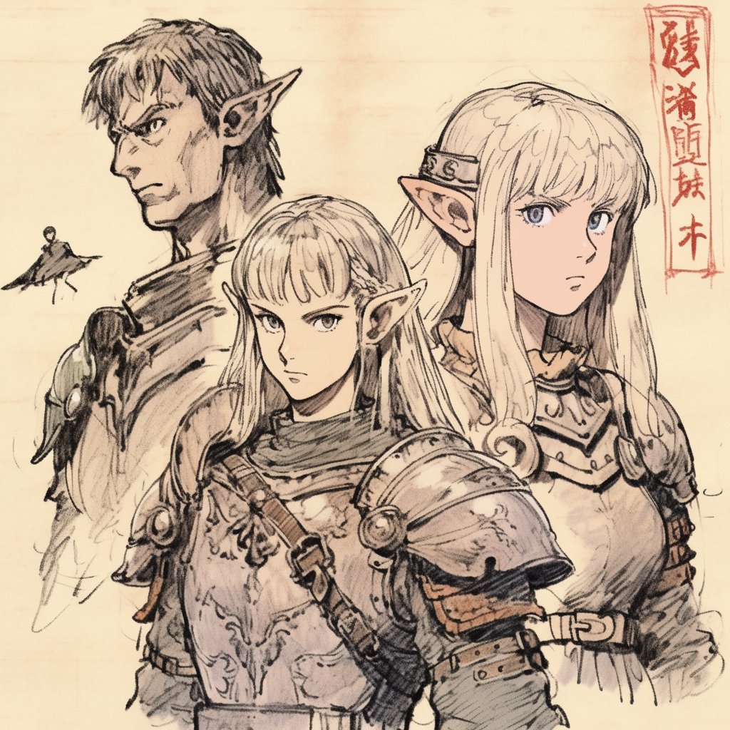 Sketch of three characters in medieval armor