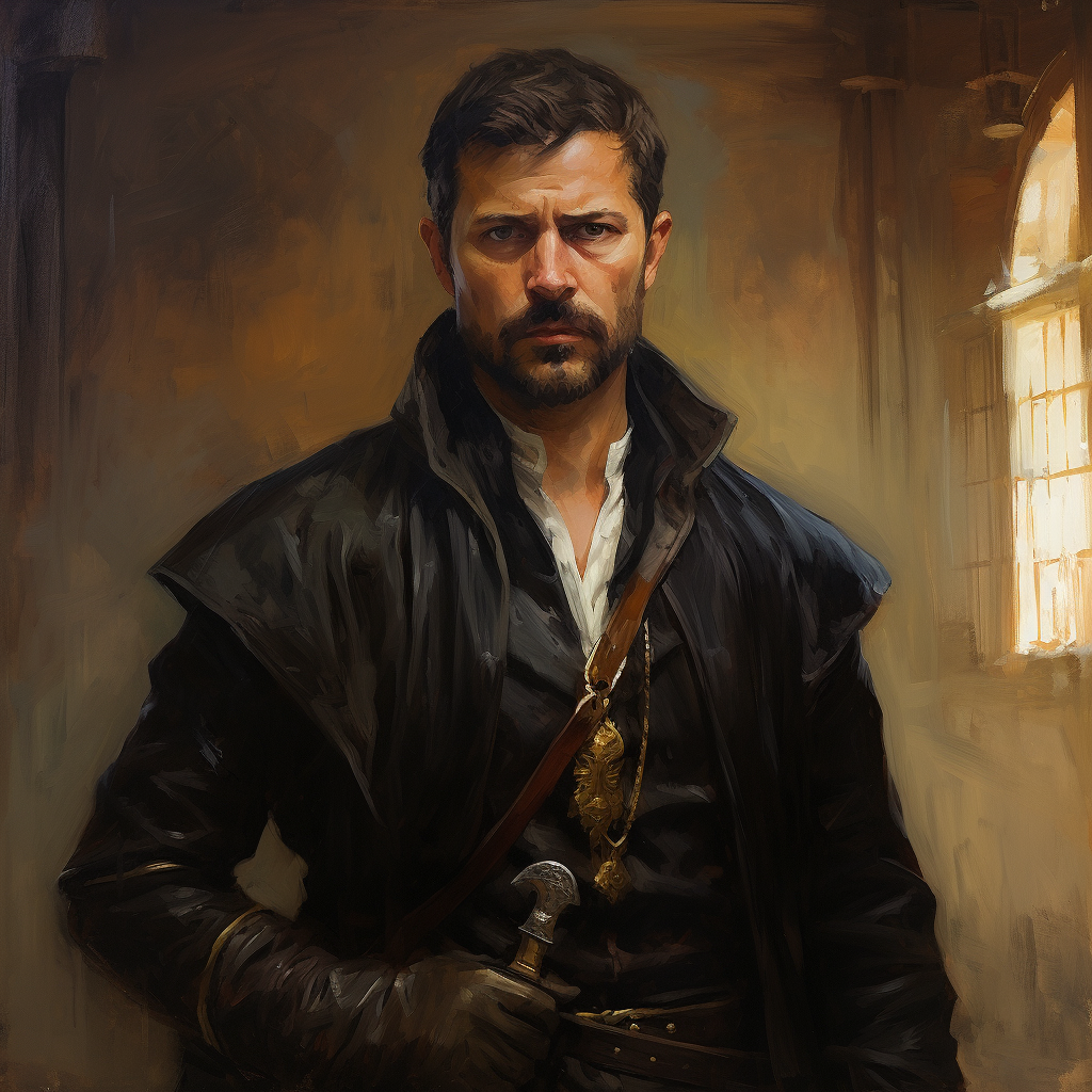 Dark-haired medieval assassin in oil painted dynamic pose