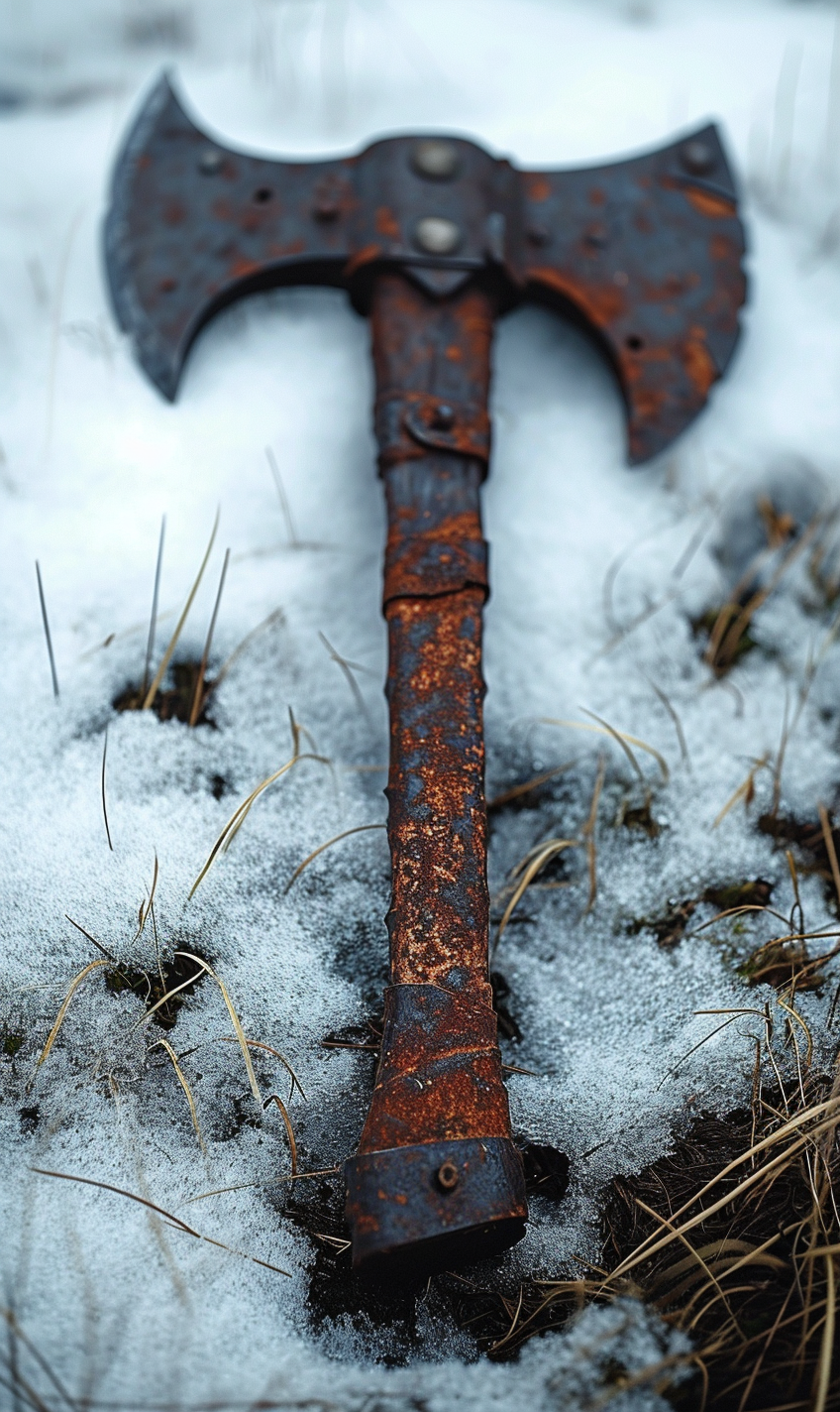 Medieval axe on ground mud grass snow