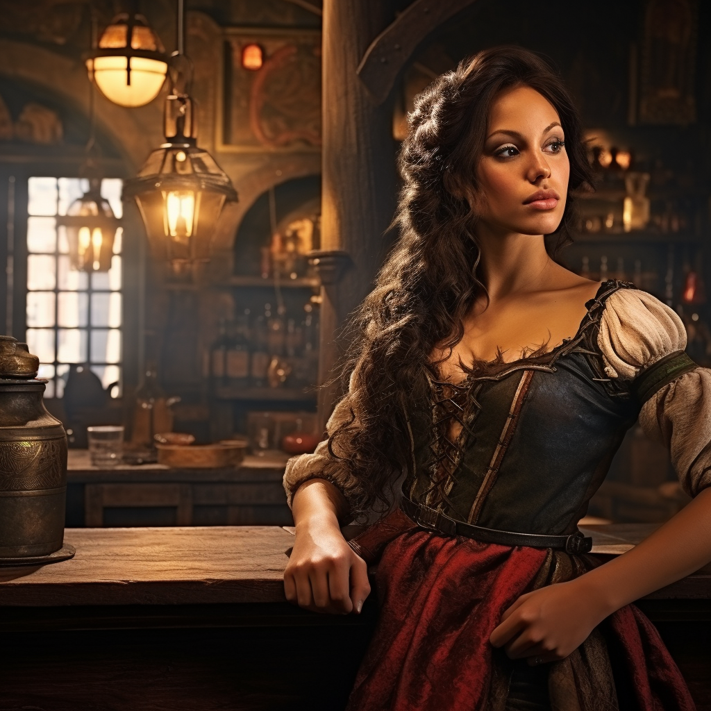 Bar girl in medieval setting serving ale