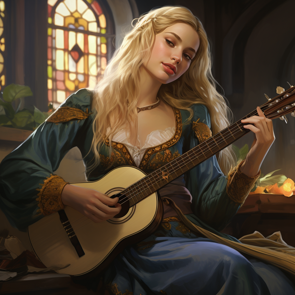 Blonde female medieval bard playing lute