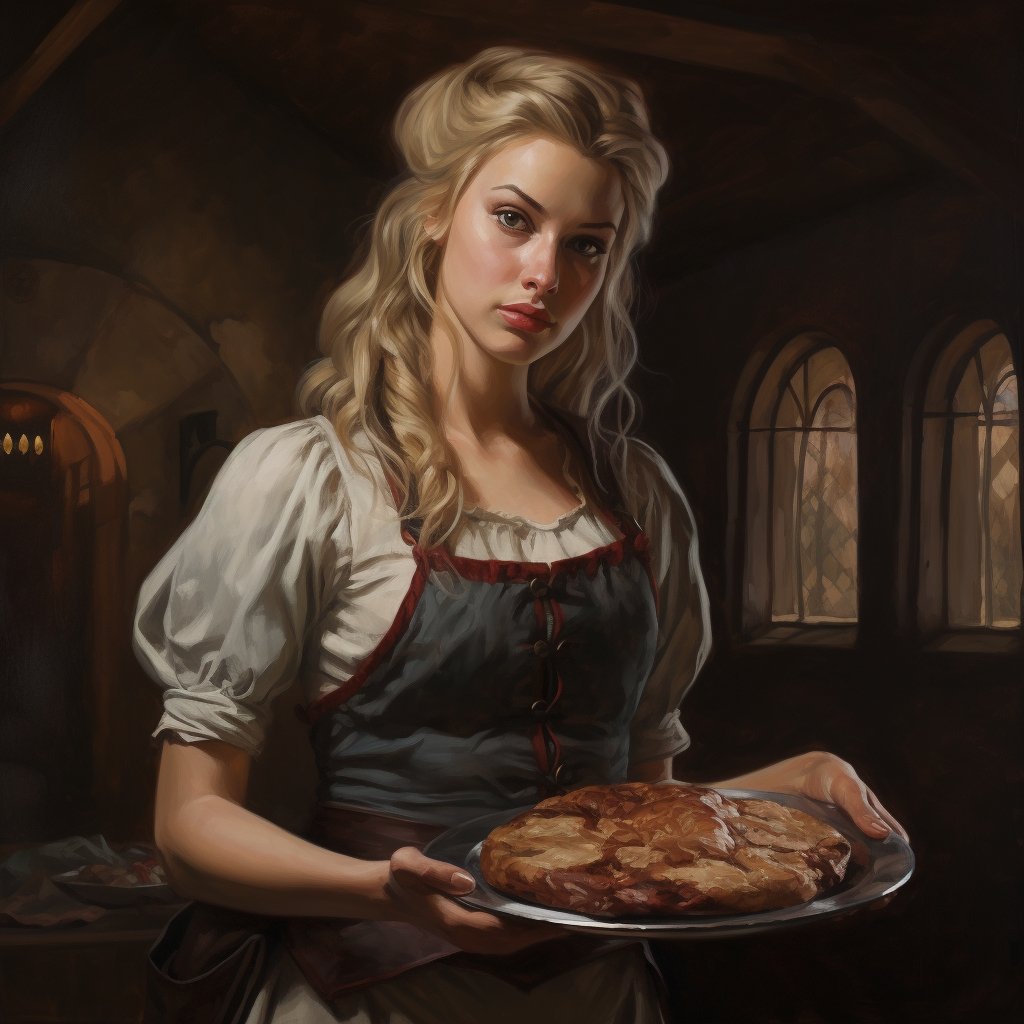 Blonde Barkeep Carrying Platter of Meat