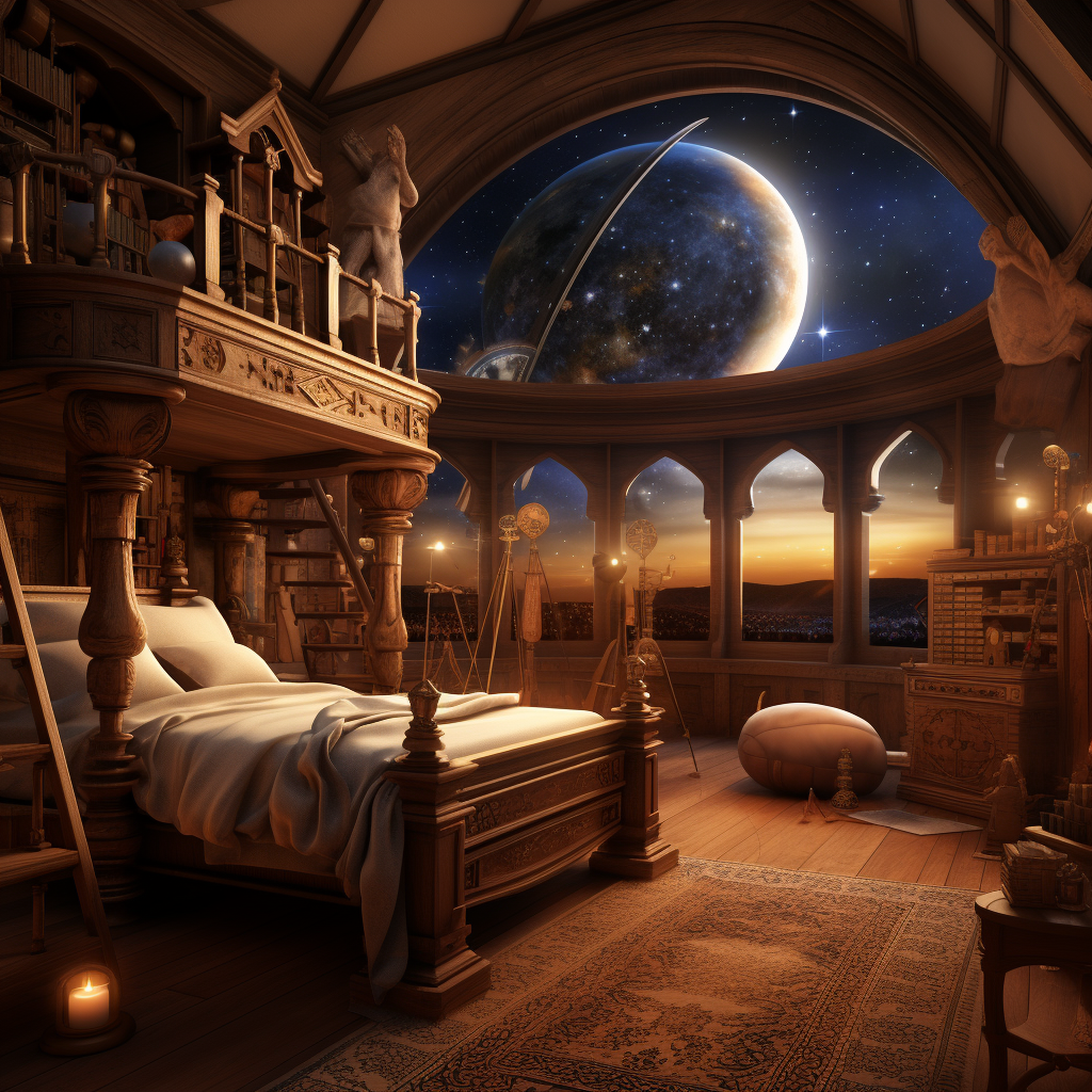 Medieval bedroom with large telescope