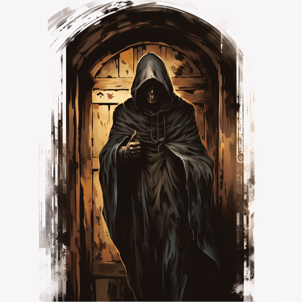 Black hooded man with party hat beside a wooden door