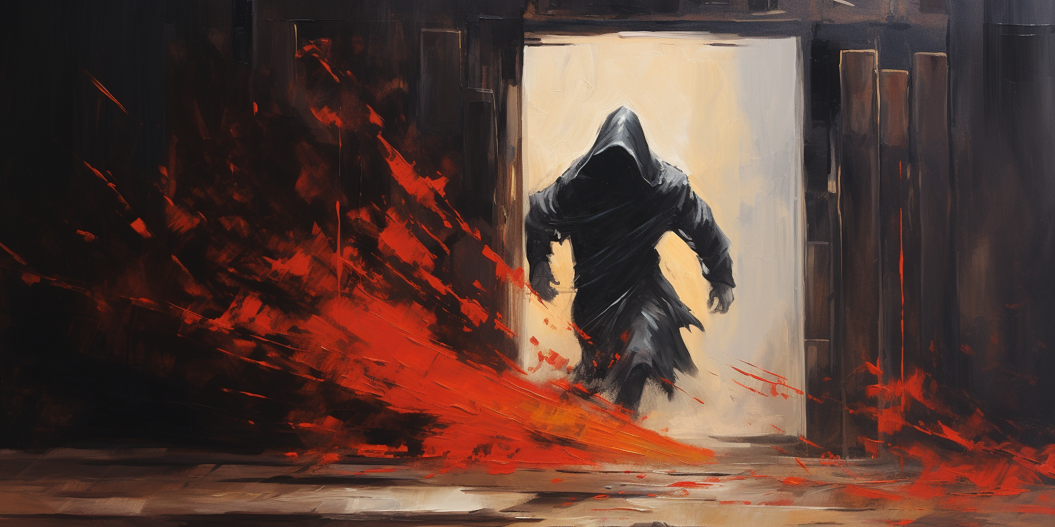 Black hooded man knocking on destroyed wooden door