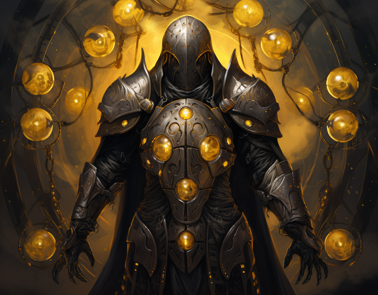 Illustration of Medieval Black Steel Full Body Armor with Magical Orbs