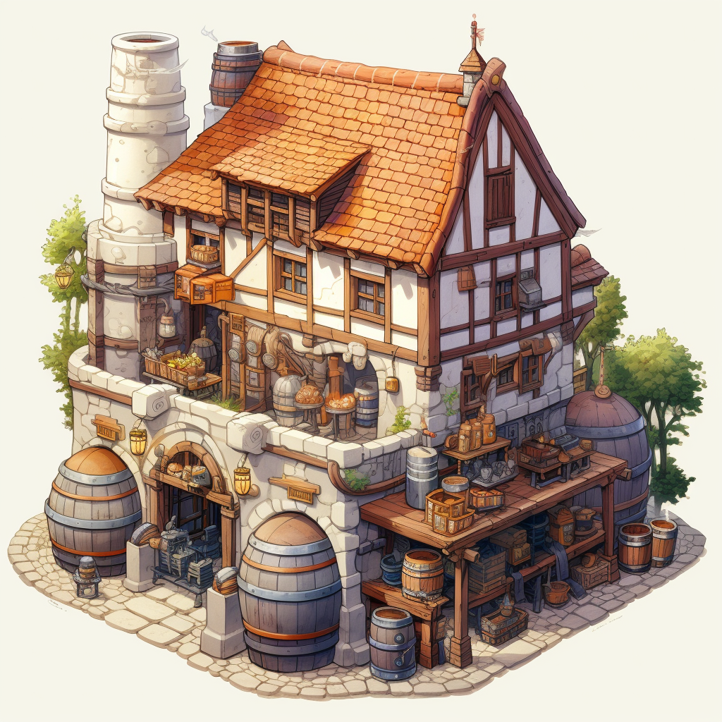 Isometric drawing of a medieval brewery