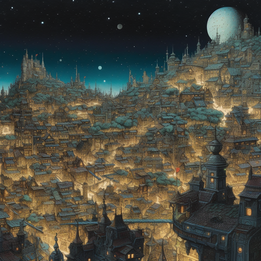 Medieval city skyline at night