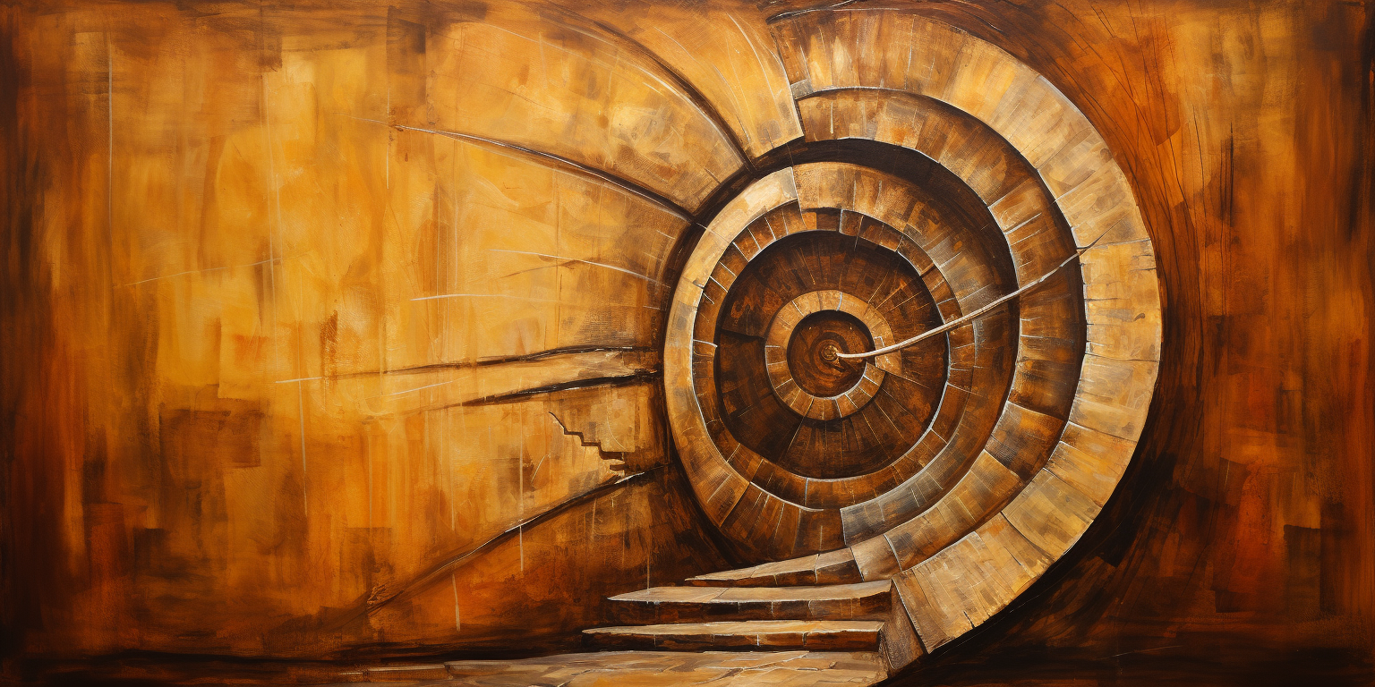 Bold acrylic painting of medieval door with time machine spiral