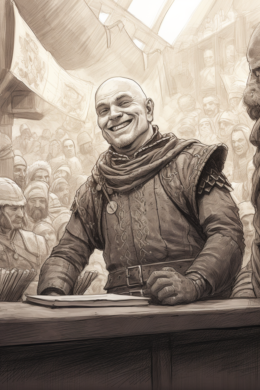 Medieval Engraving of Smiling Bald Salesman