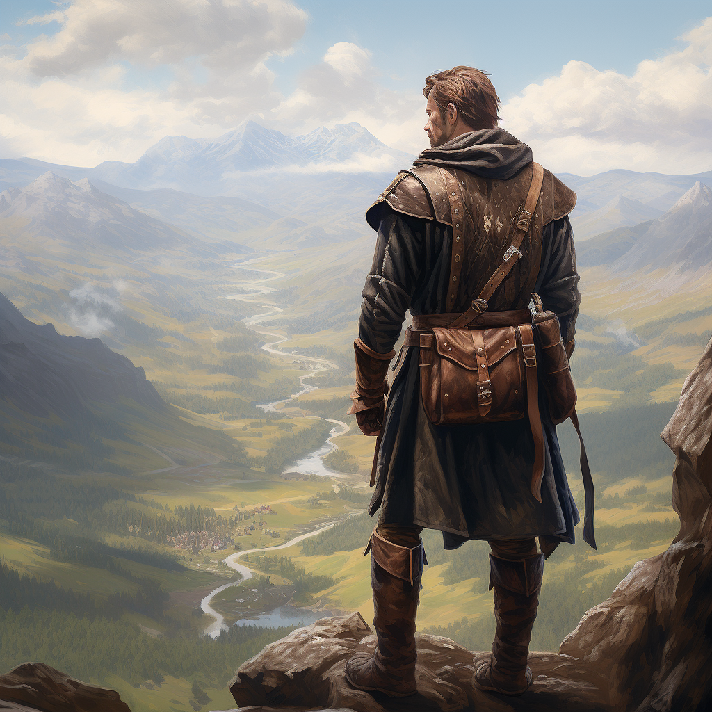 Zoomed Out View of a Medieval Explorer Gazing at Mountains