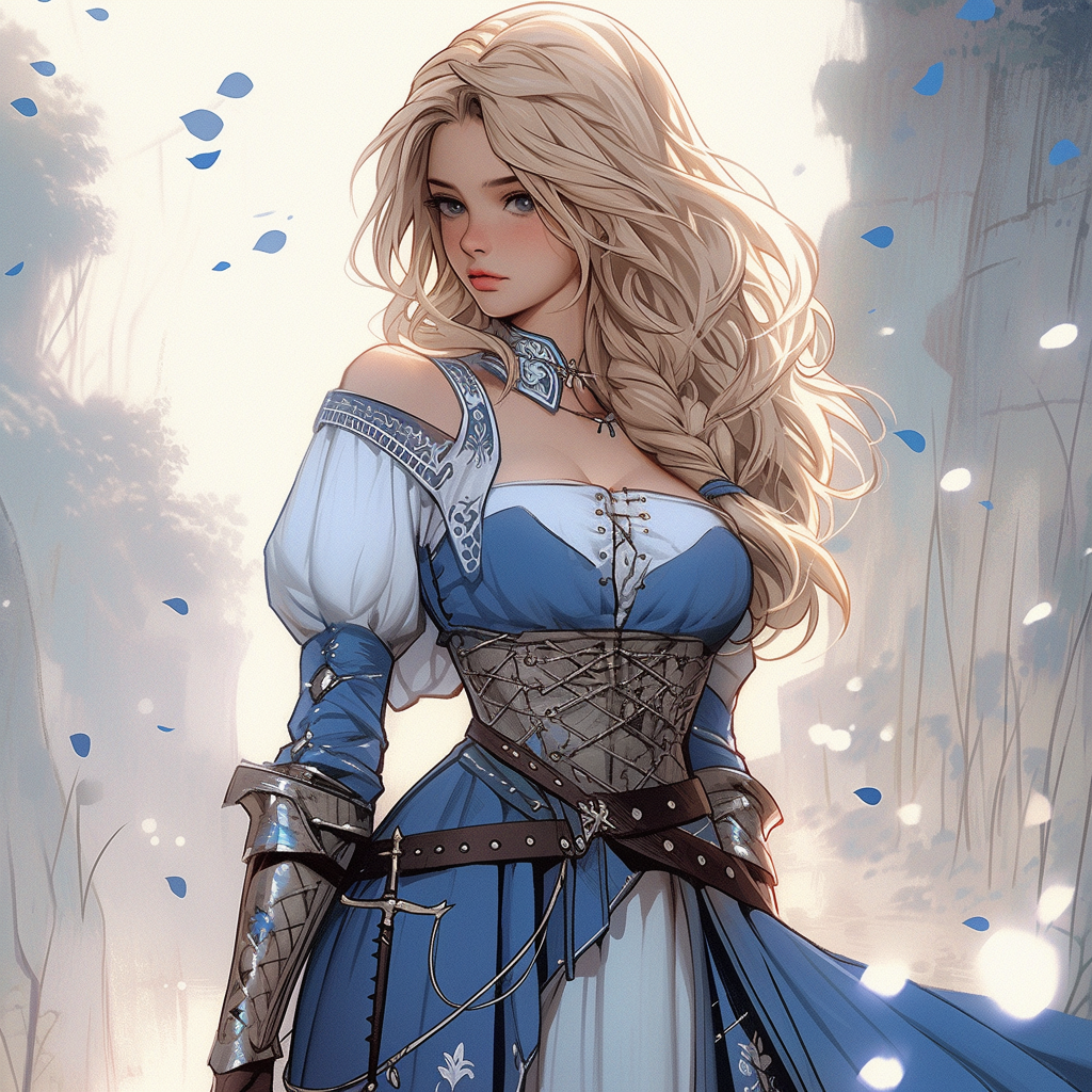 Beautiful blonde bioroid girl in medieval fantasy attire