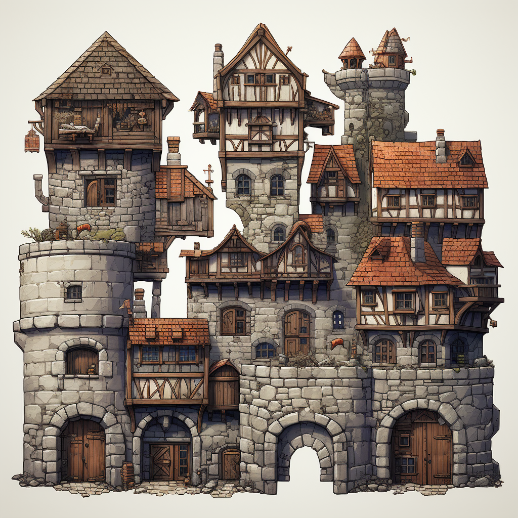 Aerial view of medieval fantasy buildings