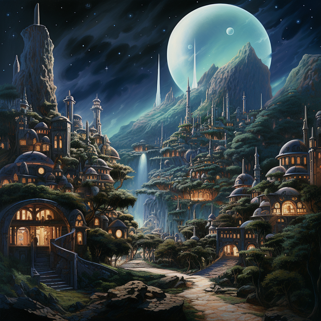 Medieval fantasy village with moonlit sky and spaceship