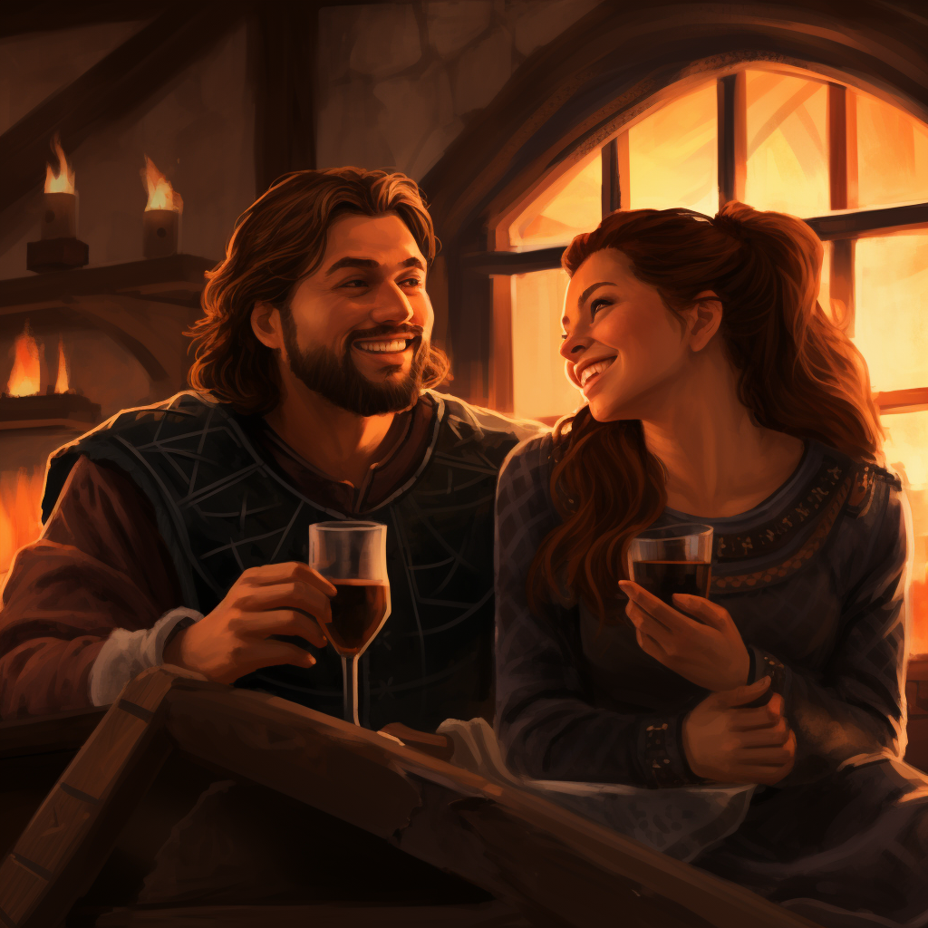 Two friends laughing with wine in front of a fireplace