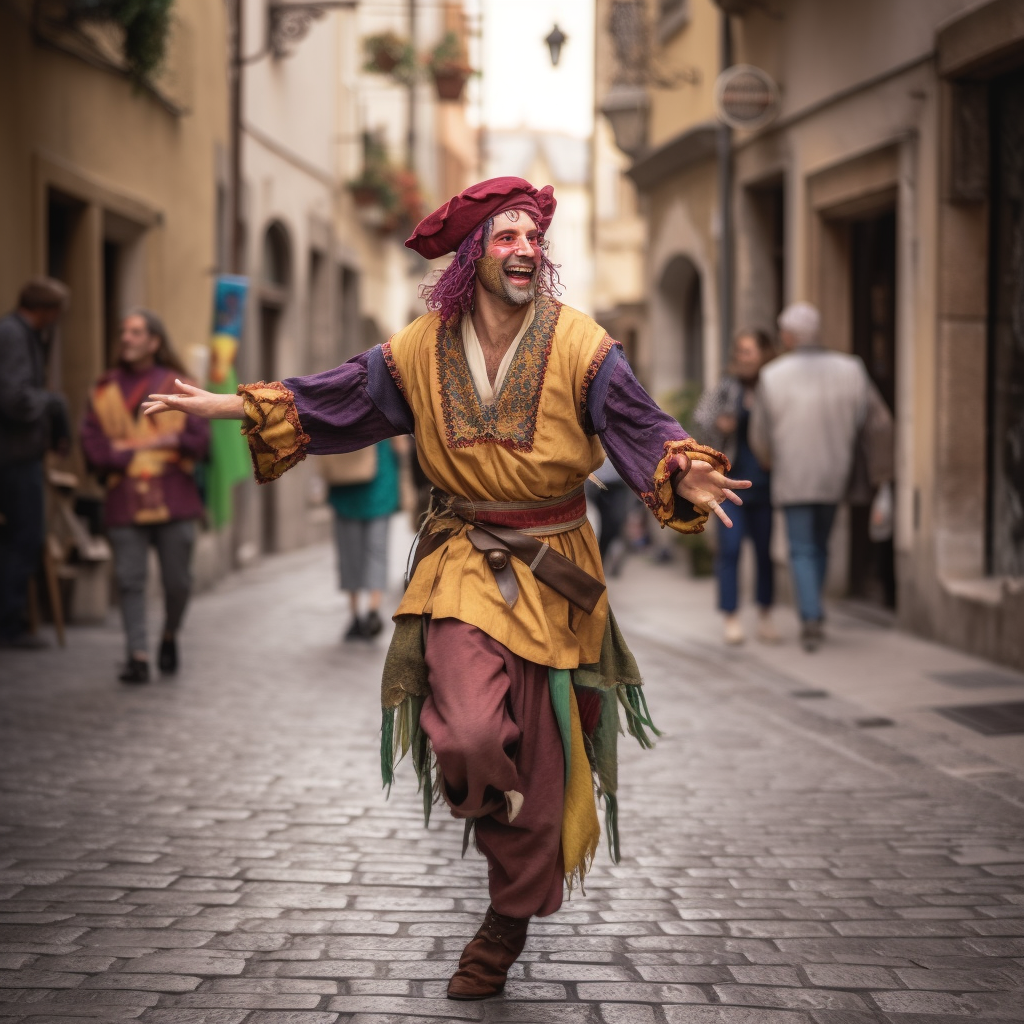 Medieval jester dancing and singing in the streets