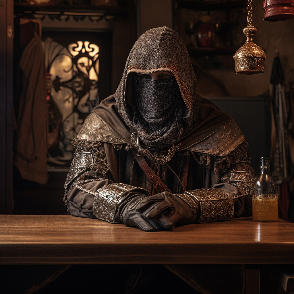 Medieval knight sitting at tavern table with hood and bandana