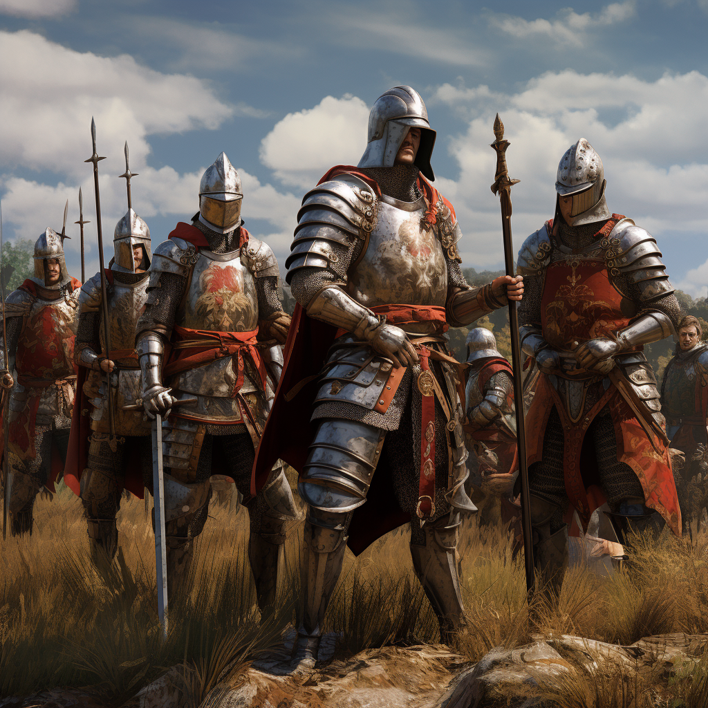 Six armored knights on battlefield