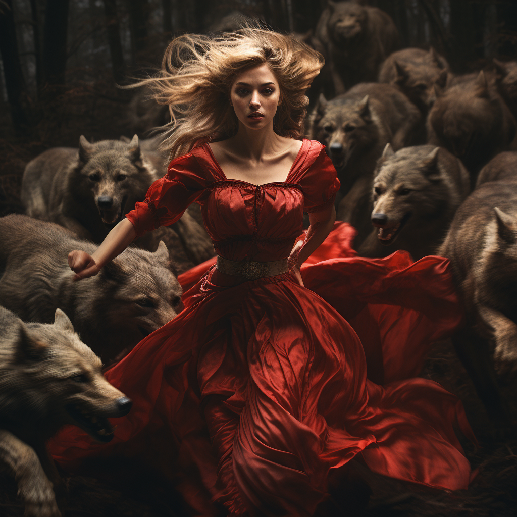 Medieval maiden leading pack of wolves in red dress