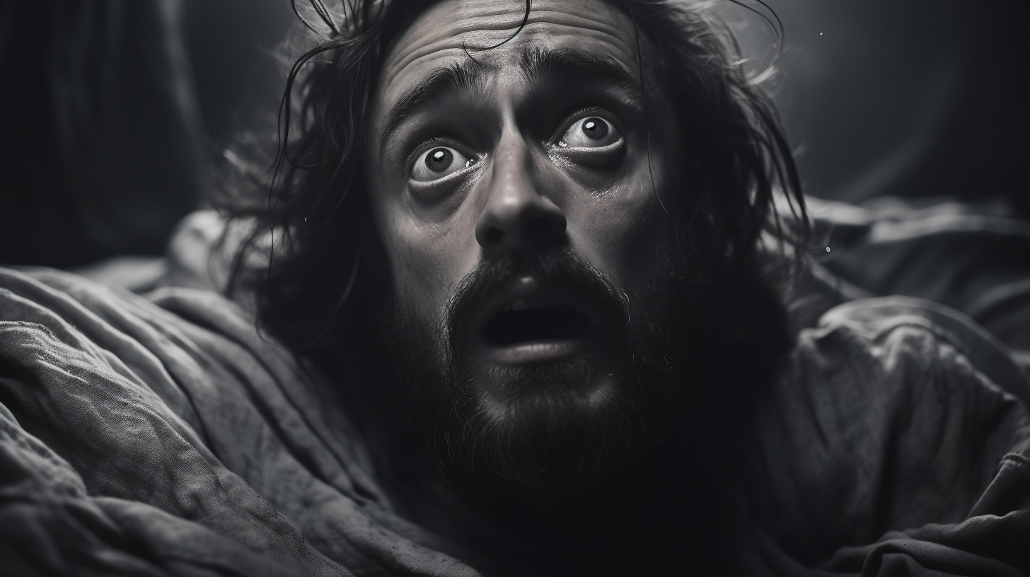 Black and White Medieval Man Terrified Waking Up