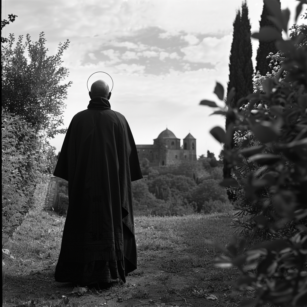 Medieval monk in serene garden