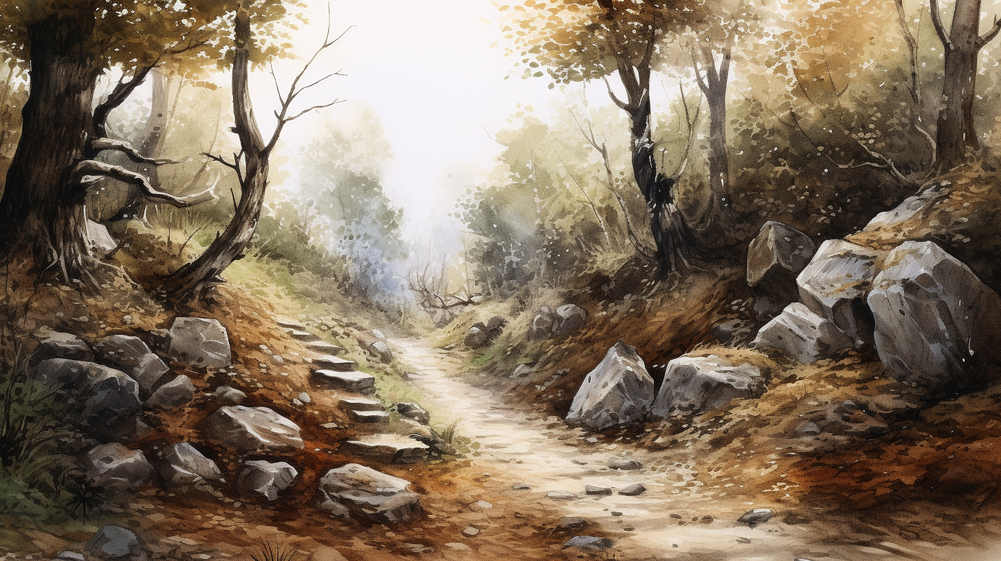 Stylized medieval path with rocky trail in the woods