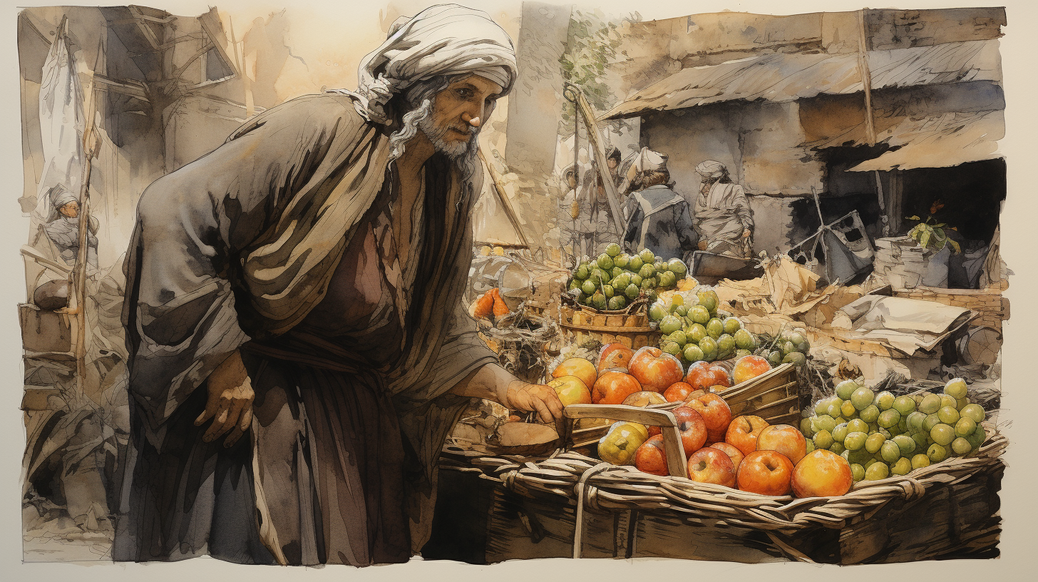 Smiling medieval old woman selling fruit at market