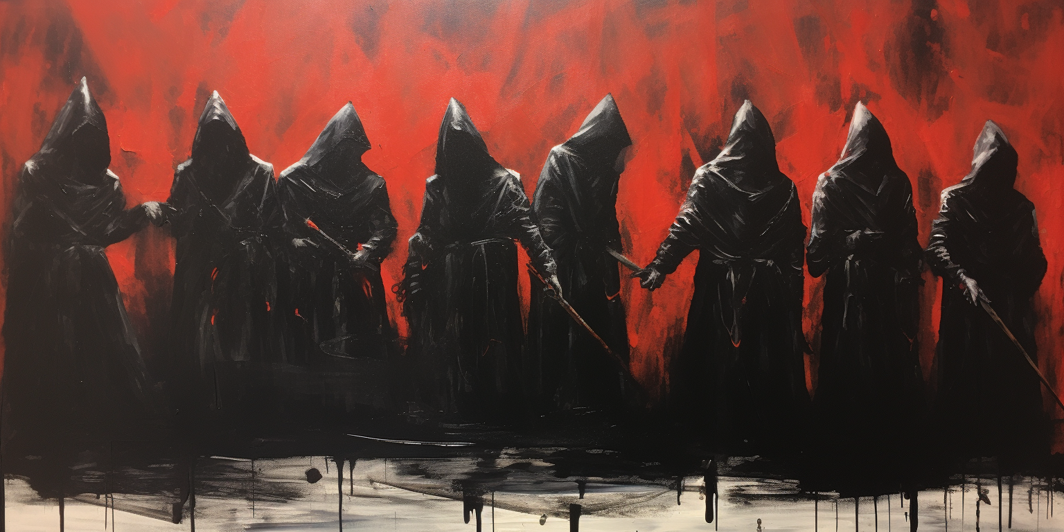 Medieval party cultists in bold brush stroke style