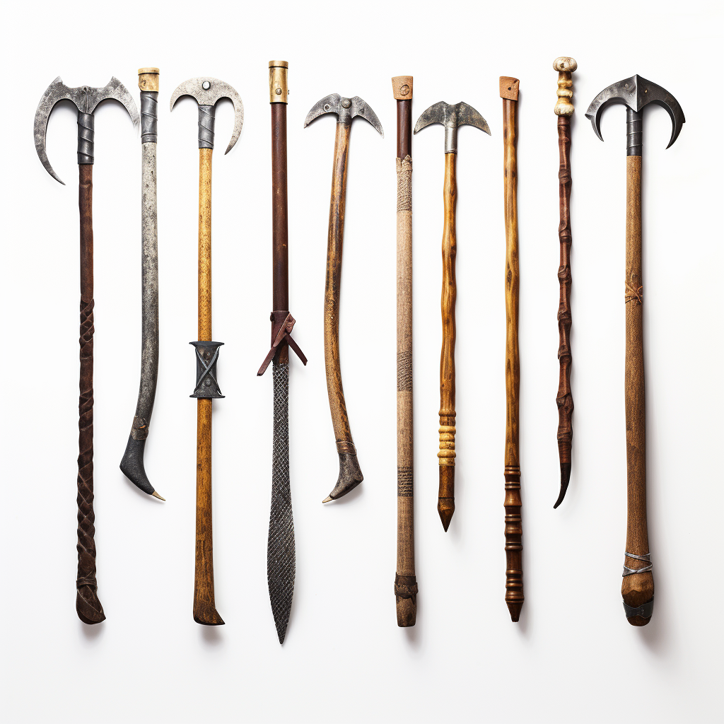 A series of medieval pickaxes on a white background