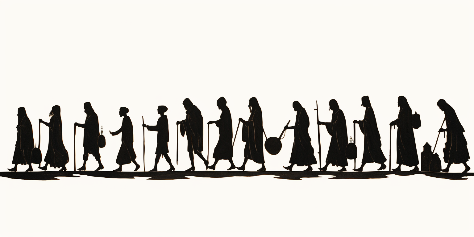 Silhouette of medieval pilgrim procession