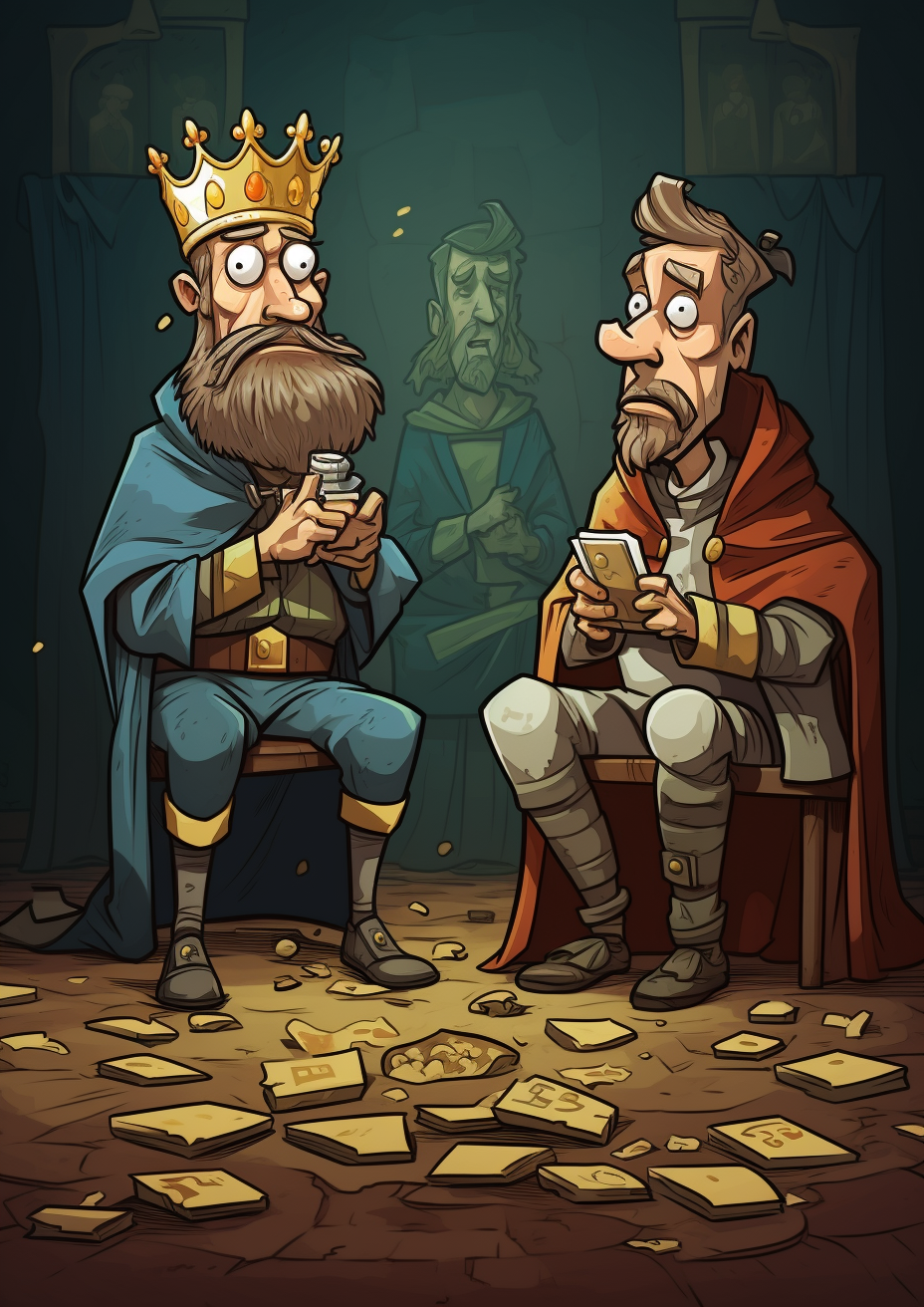 Cartoonish medieval poor man presenting gift to rich king