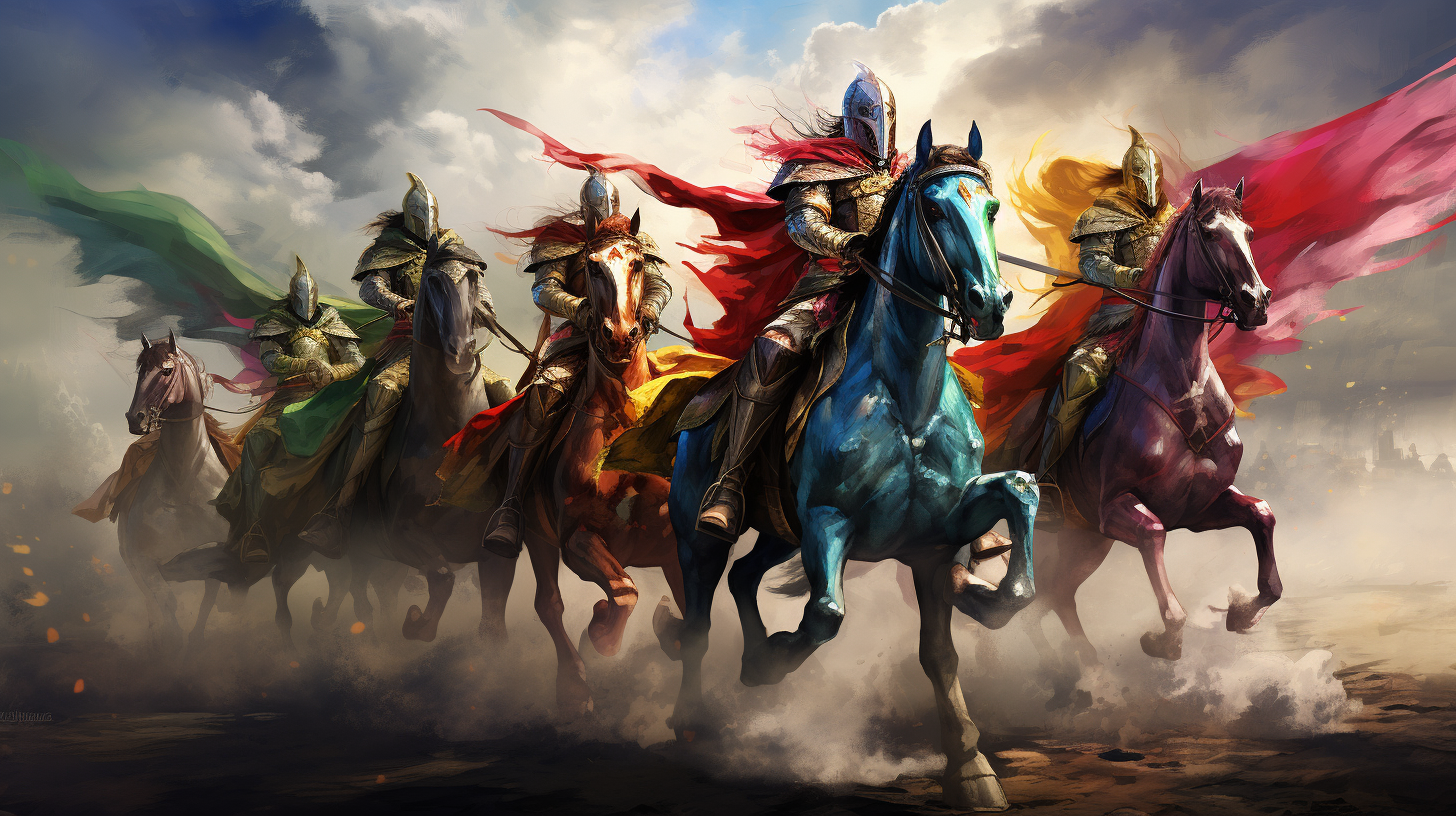 Medieval power rangers team on horses in battlefield