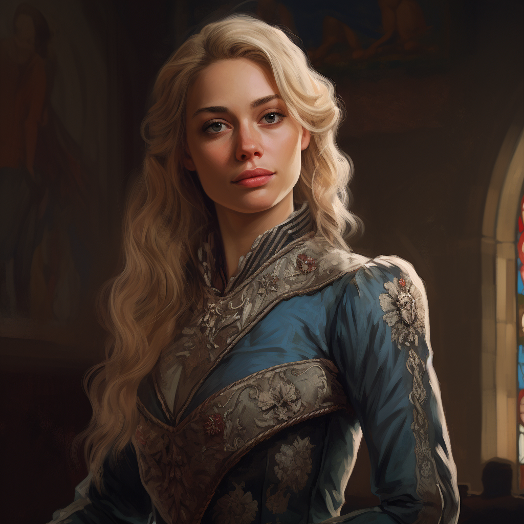 Blonde woman in her 40s with regal medieval portrait