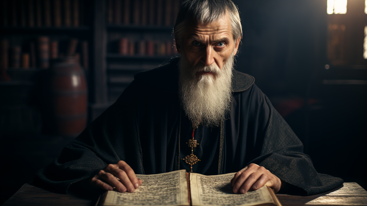 Medieval Russian monk examining Bible with disdain