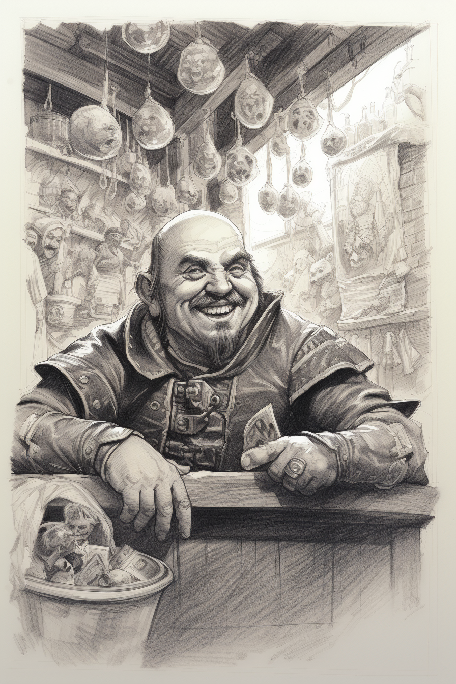 Medieval smiling salesman in shop sketch