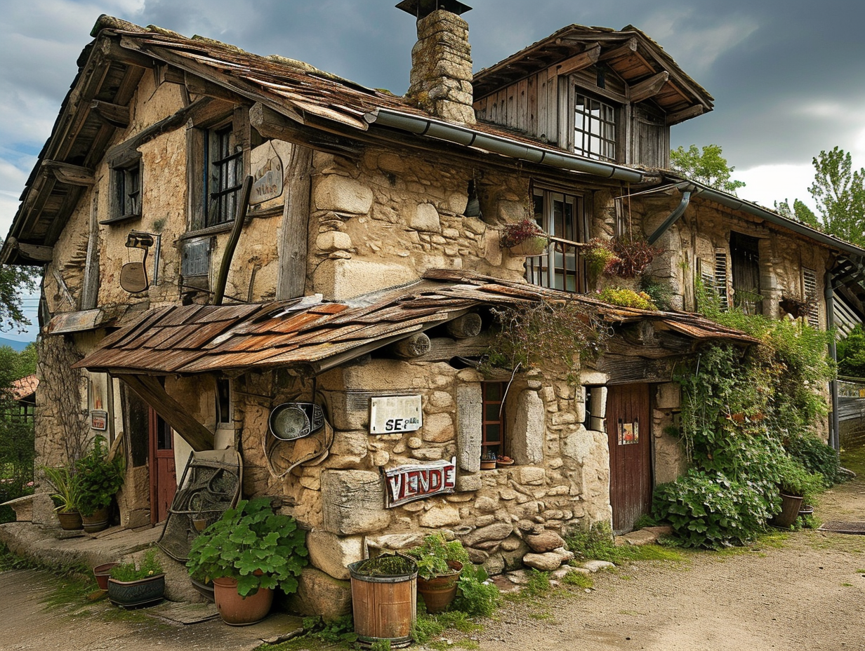 Medieval stone house with 'SE VENDE' sign