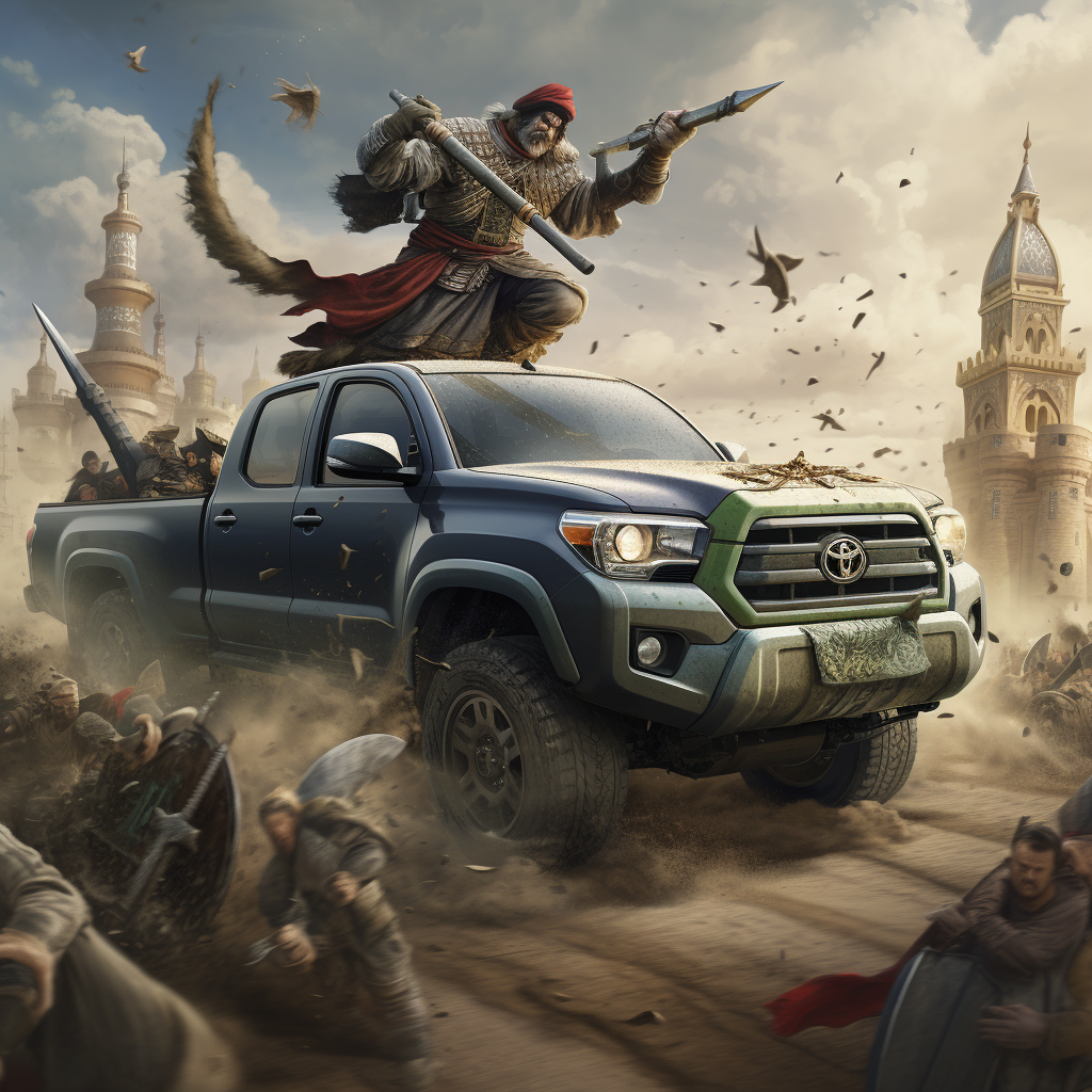 Knight riding a Toyota Tacoma in battle