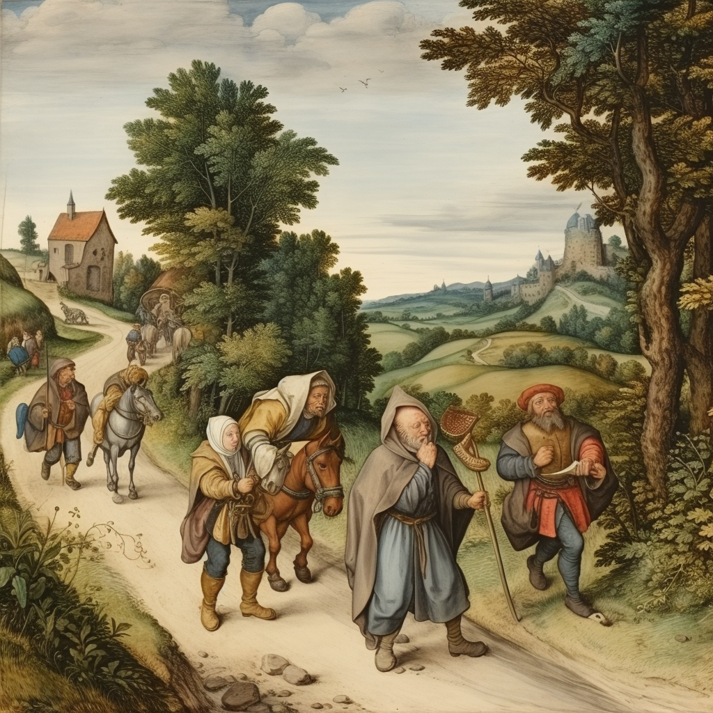 Group of medieval travelers on a country road