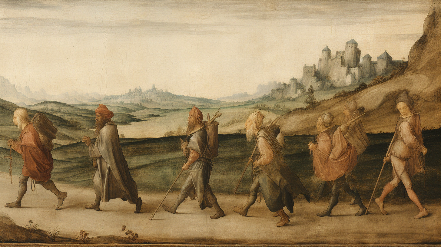 Group of Medieval Travelers Walking