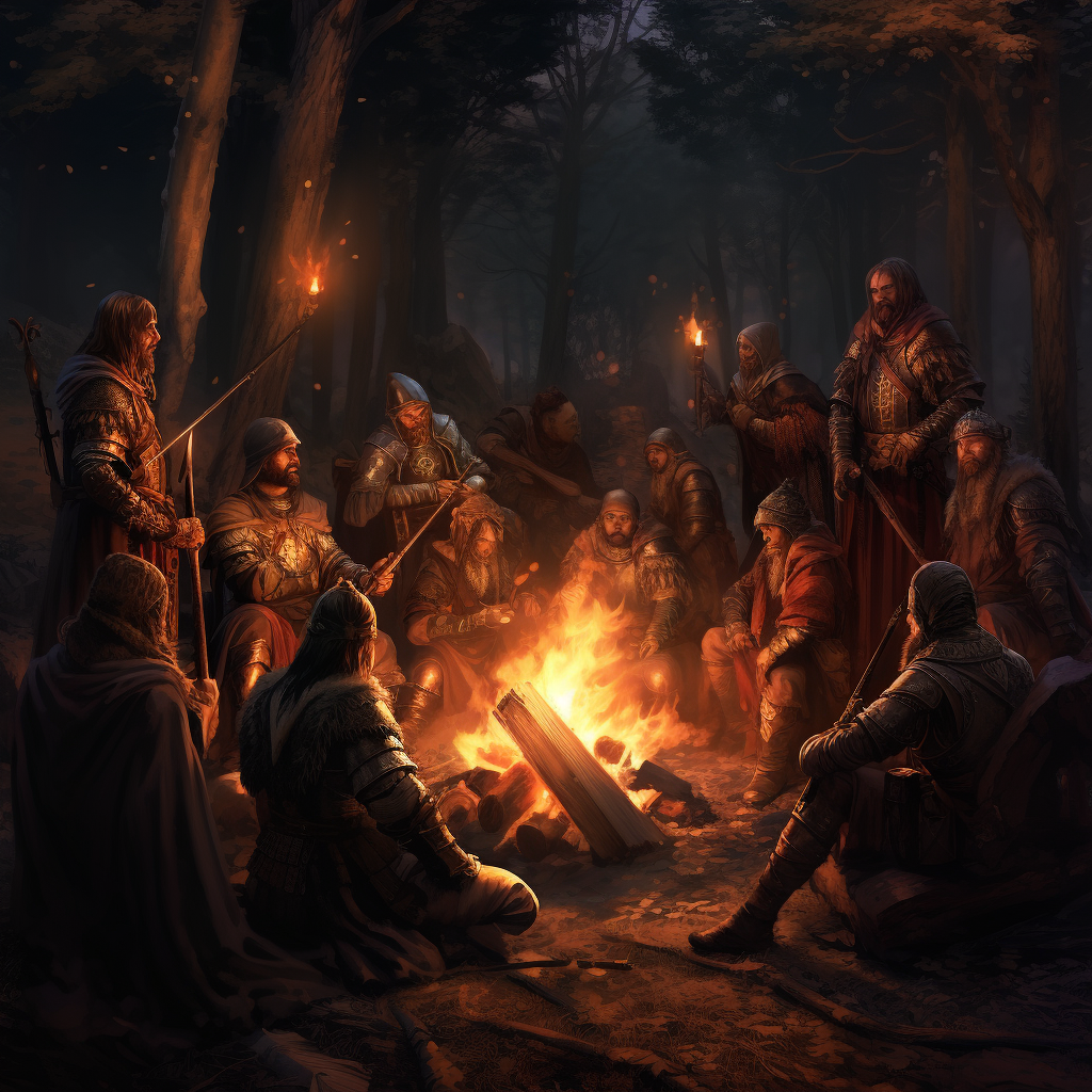 Medieval warriors enjoying around a campfire