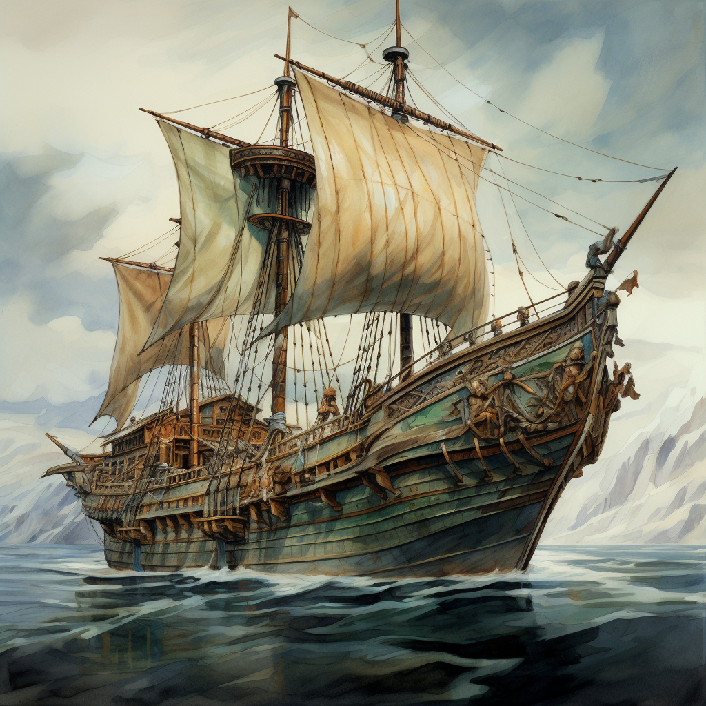 Ancient warship sailing through stormy seas