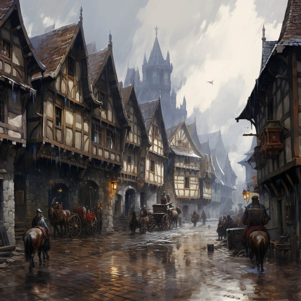 Illustration of a rainy medieval city