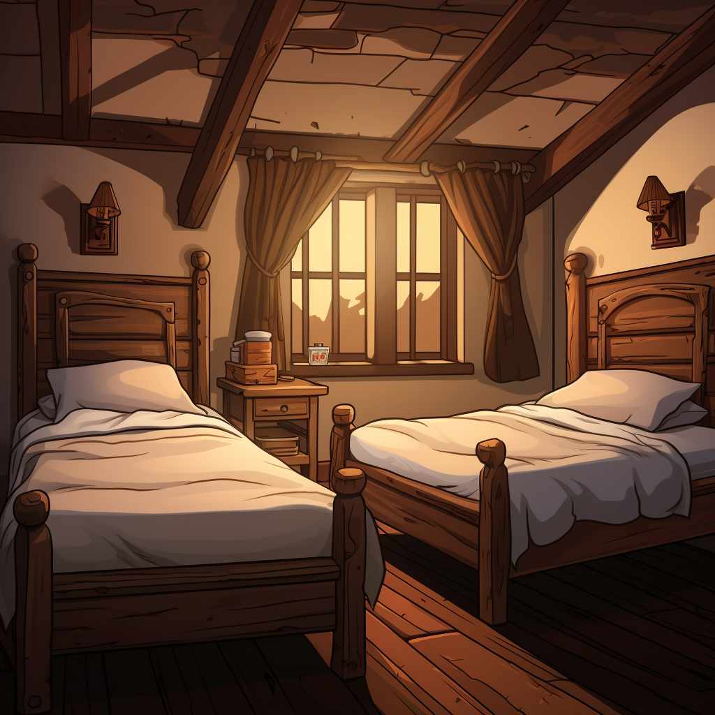 Cartoonish medieval Western inn bedroom