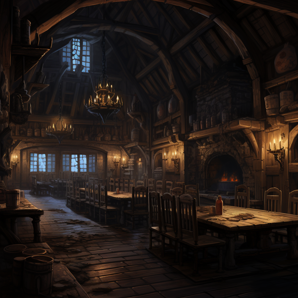 Cartoonish medieval Western inn at night