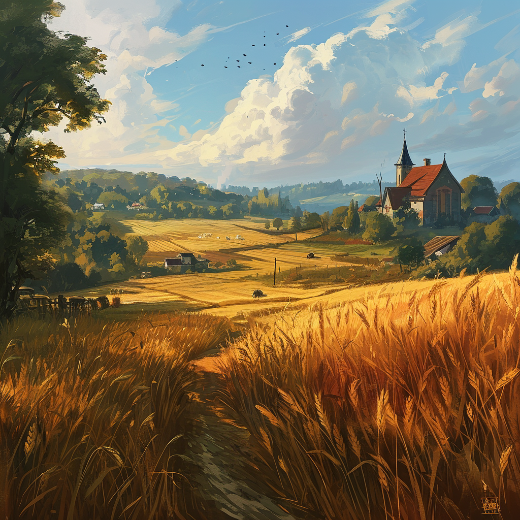 Golden wheat fields in medieval setting