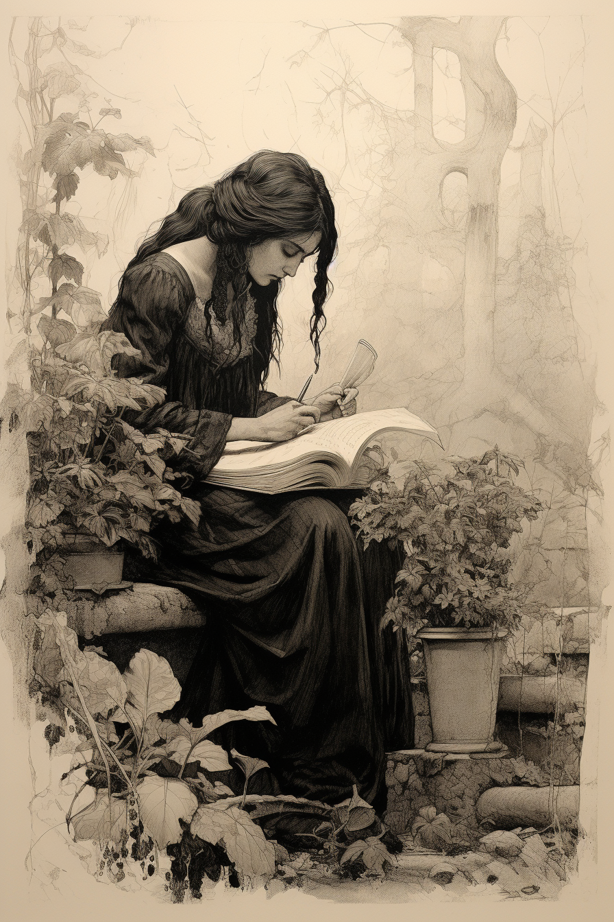 Medieval witch in garden - enchanting sketch