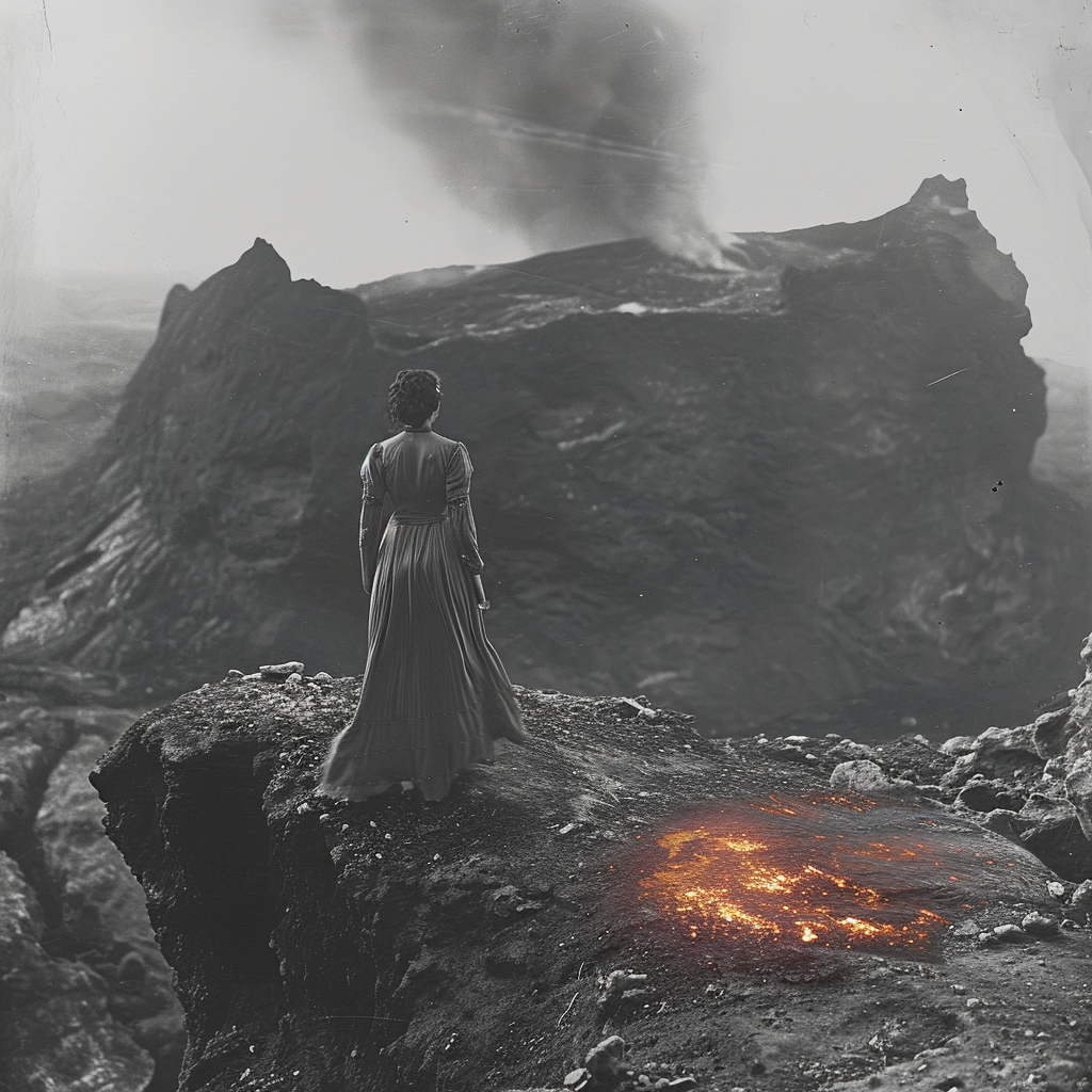 Medieval woman on volcano movie scene