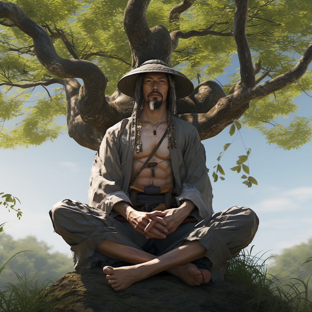 Meditating Japanese warrior under a tree