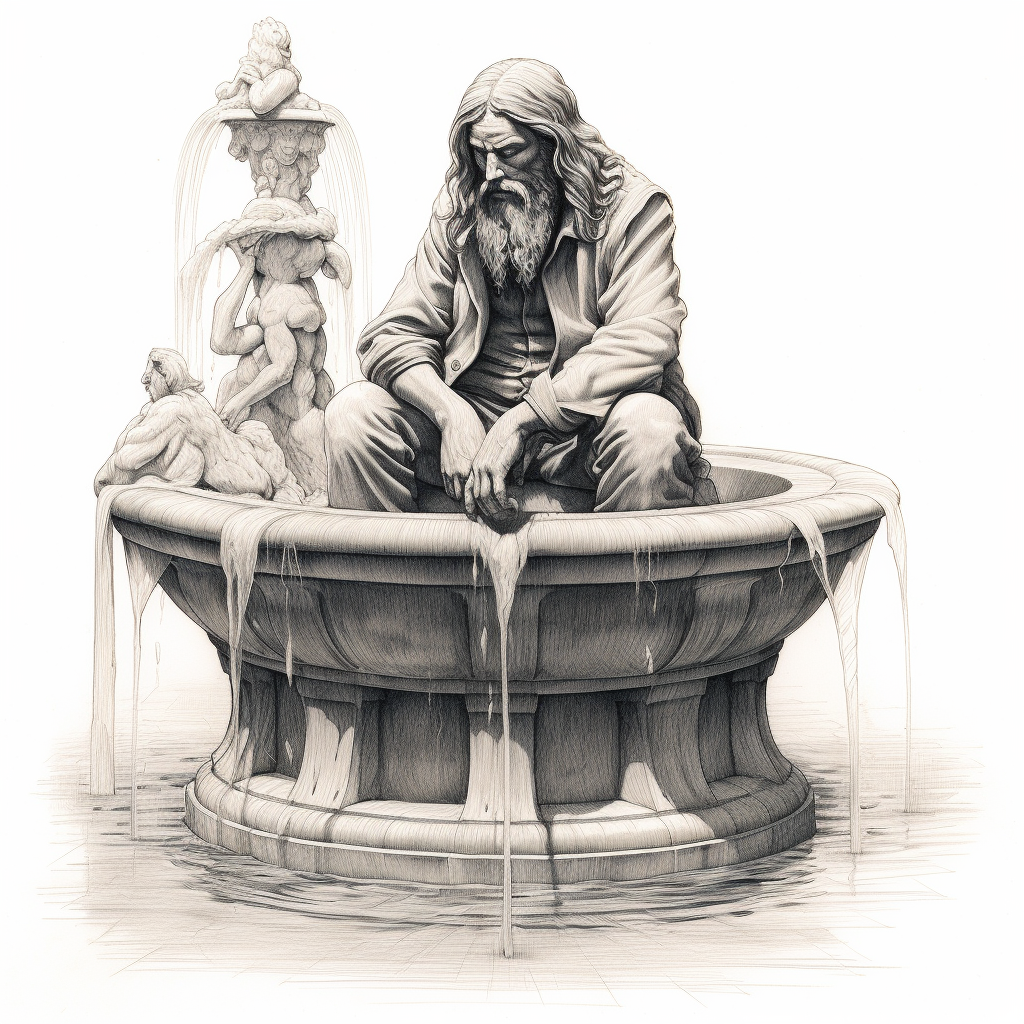 Meditating man in pencil-drawn fountain