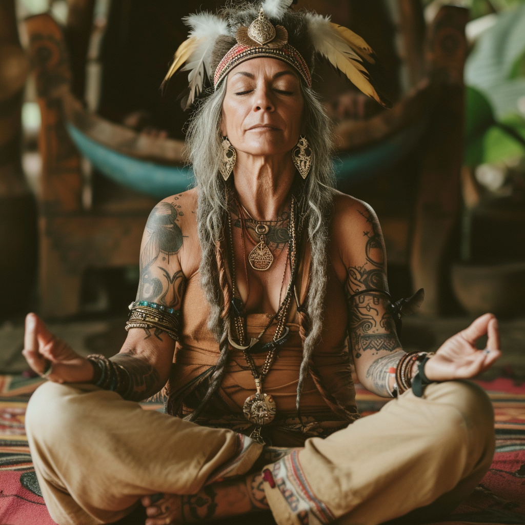 Meditating woman with bracelets and symbols